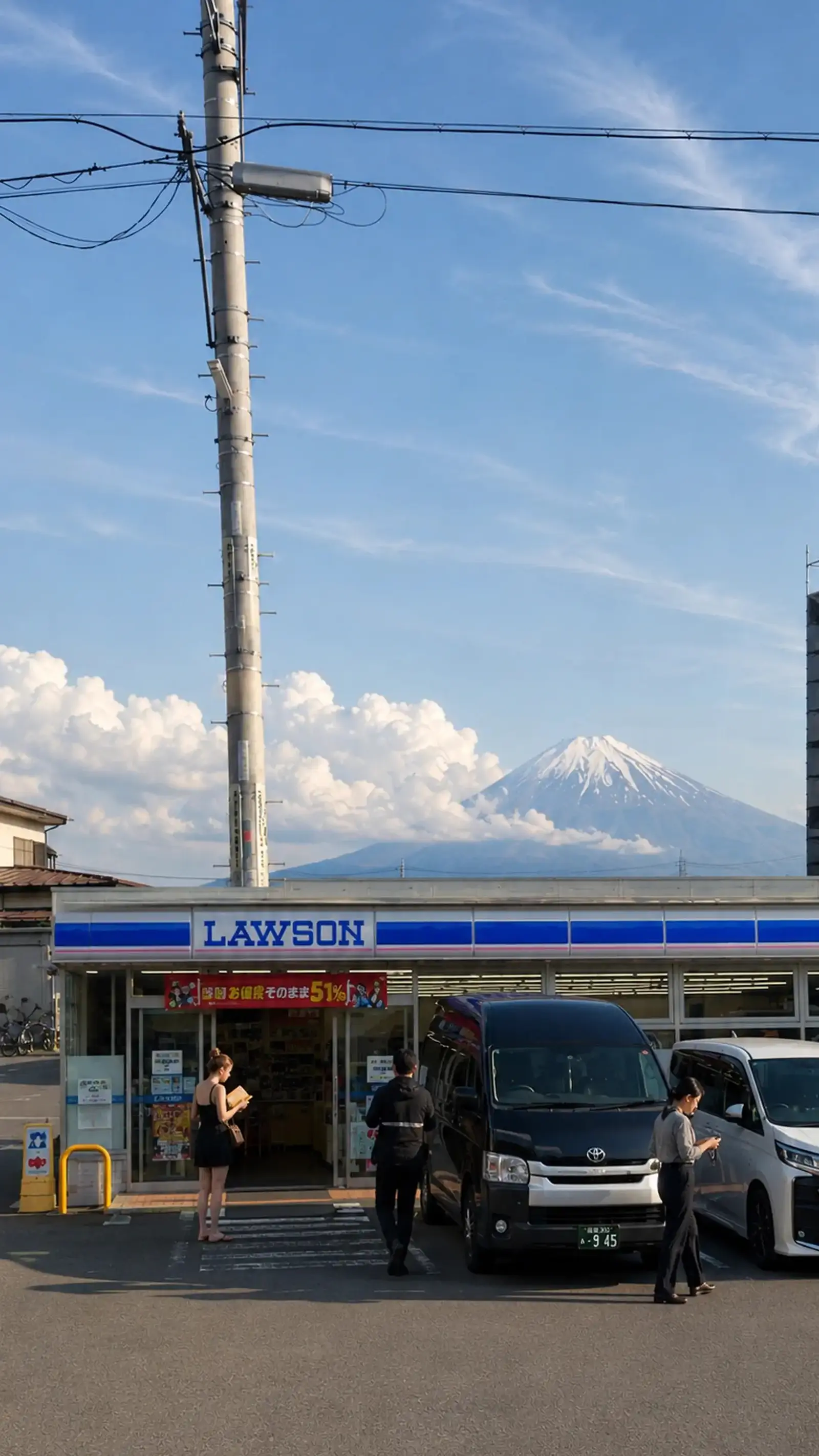 mont fuji derriere un lawson